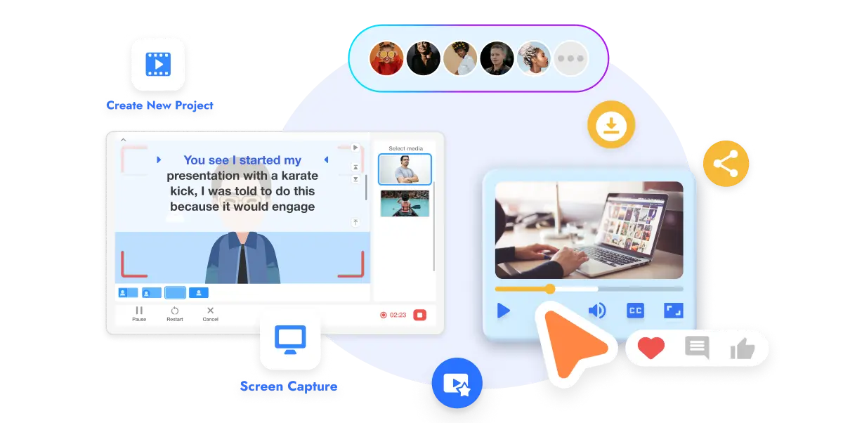 Visla's all-in-one video solution interface showcasing video editing, screen capture, collaboration, and engagement features.